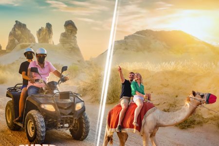 Tourists enjoying an ATV ride and camel safari in Cappadocia during sunset