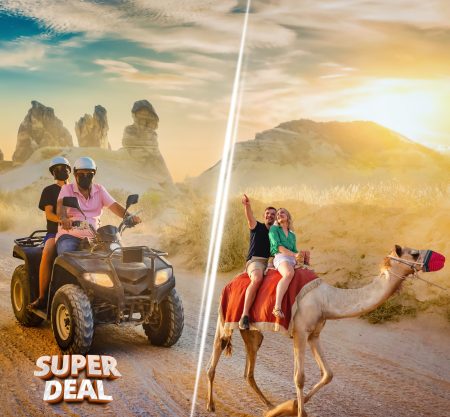 Tourists enjoying an ATV ride and camel safari in Cappadocia during sunset