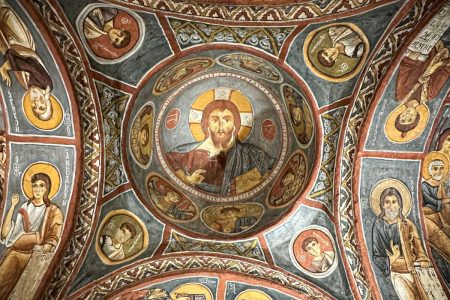 Byzantine ceiling fresco of Jesus Christ inside a cave church in Cappadocia