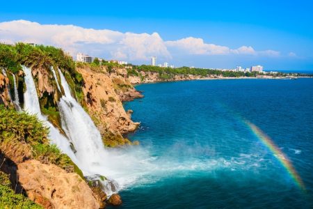 Antalya coastal waterfall with rainbow at Düden’s mouth