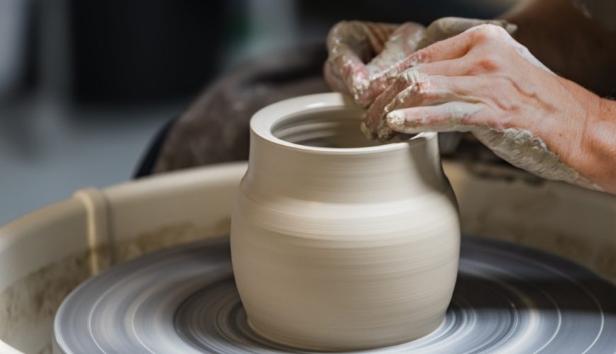 Potter crafting clay on wheel in Avanos pottery workshop