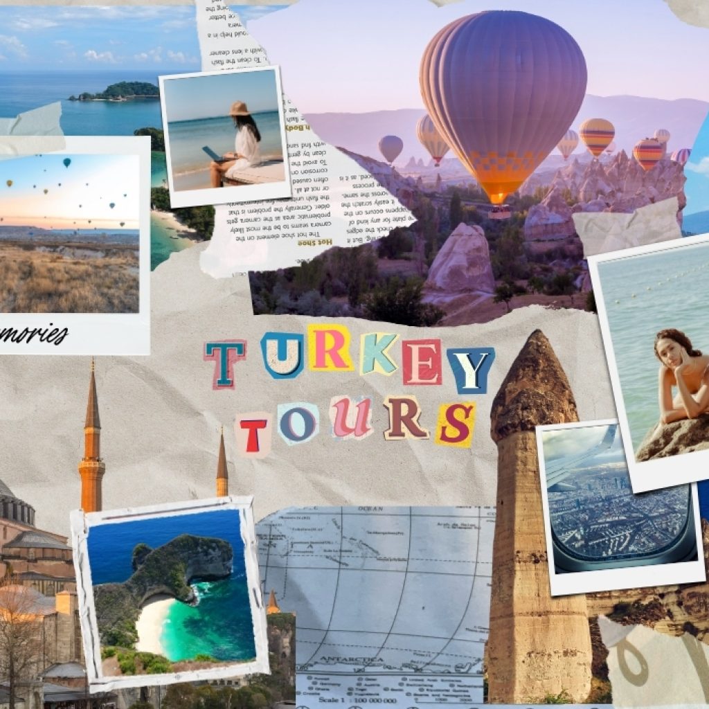 Turkey tours collage featuring hot air balloons in Cappadocia, Hagia Sophia in Istanbul, Turkish beaches, and iconic historical sites