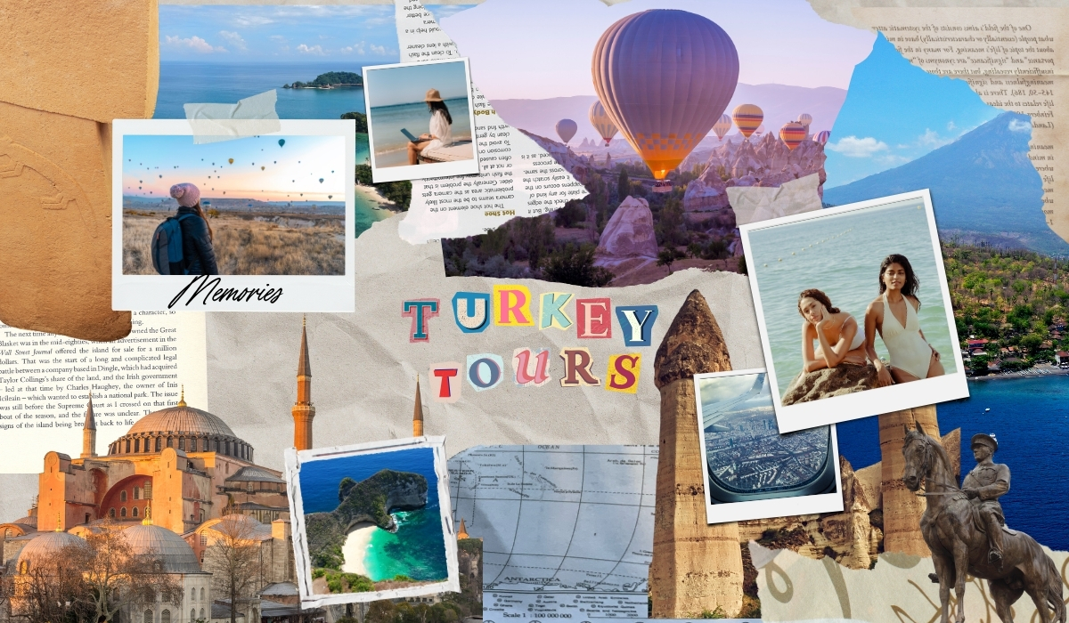Turkey tours collage featuring hot air balloons in Cappadocia, Hagia Sophia in Istanbul, Turkish beaches, and iconic historical sites
