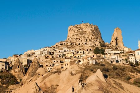 Uçhisar Castle seen from the valley on the Cappadocia Red Tour with Underground City