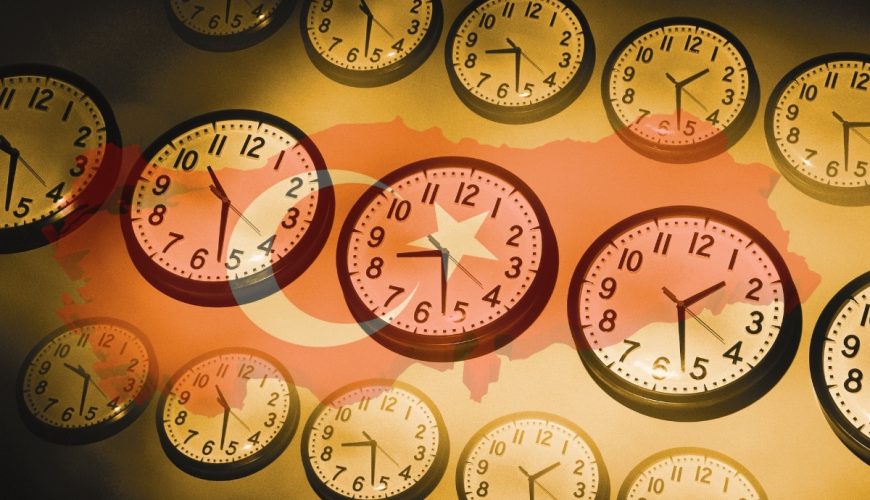 Clocks over Turkey map representing the Turkey Time Zone (UTC+3) with no daylight saving changes