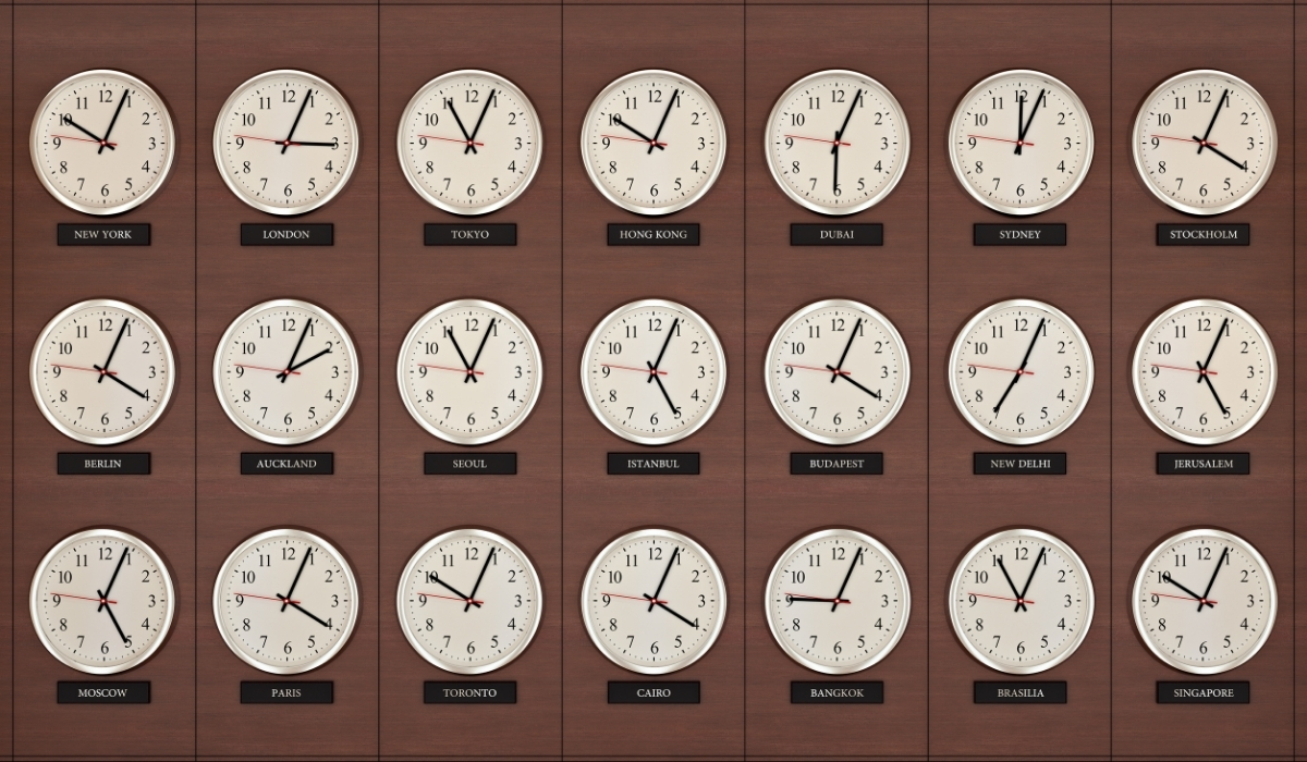World clocks displaying different international time zones, with Istanbul representing the Turkey Time Zone (UTC+3).